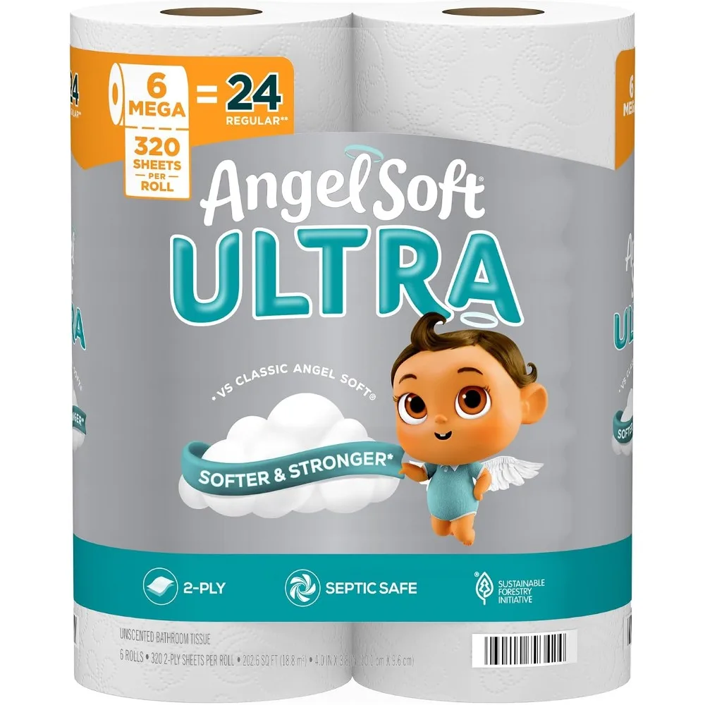 Ultra Toilet Paper 6 Mega Rolls Equivalent to 24 Regular Rolls 2 Ply Bath Tissue Soft Strong Bulk Household Toilet Tissue