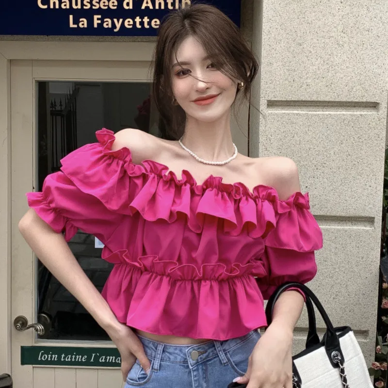 Korean Chic Sexy Off Shoulder Solid Short Tshirt Women\'s Slash Neck Elegant Layered Ruffles Cake Puffy Sleevs Tee Shirt Crop Top