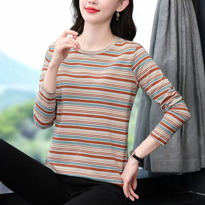 

2024 Women Spring Autumn New Round Neck Striped T-shirt Female Middle-aged Bottoming Tops Ladies Casual Long Sleeve T Shirt H358