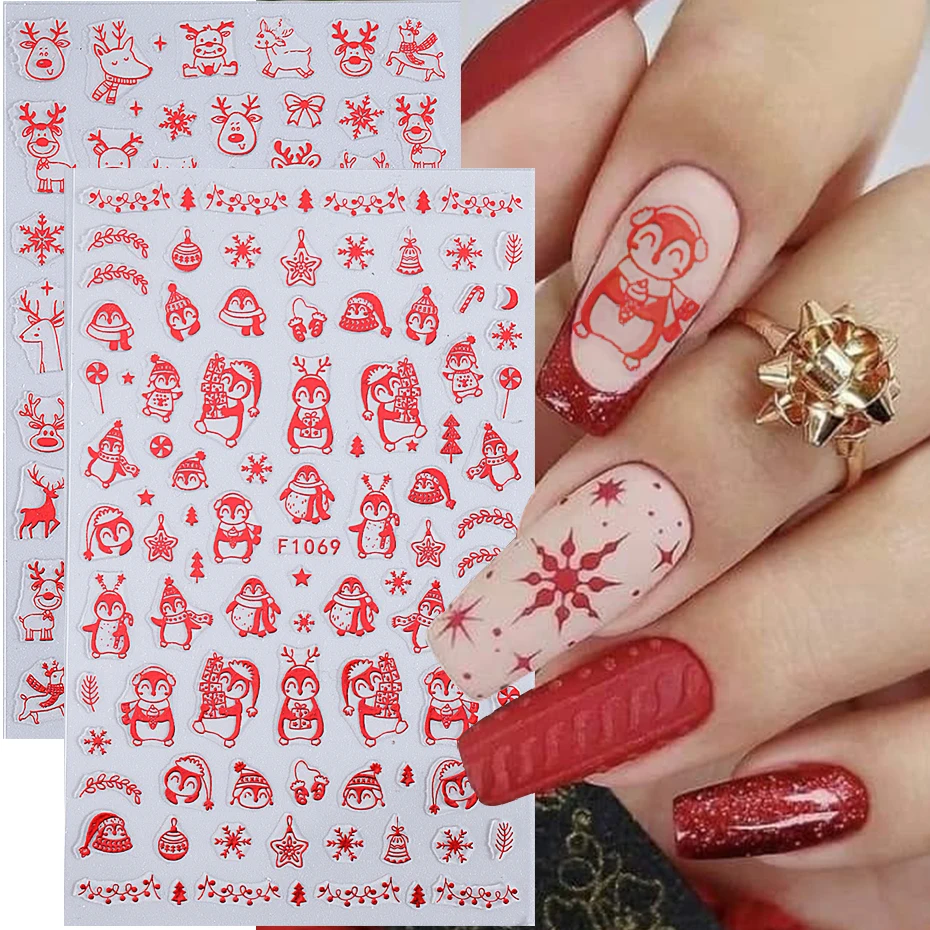 Christmas Nail Art Sticker Red Snowflake Elk Self  Adhesive Santa Claus DIY Winter 3D Decal Slider New Year Manicure Decoration