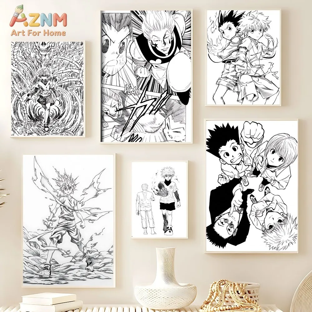 AZNM Hunter X Hunter Black White Manga Canvas Print Unframed Gon Killua Hisoka Anime Line Art Poster Boys Room Wall Decor Painti