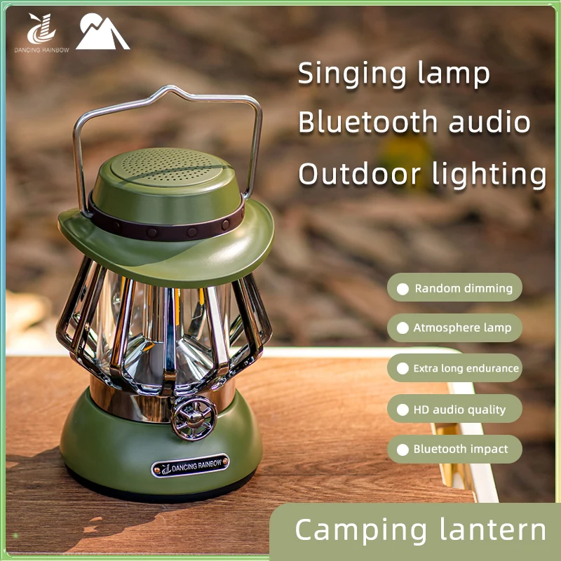 Bluetooth Audio LED Camping Lantern, Rechargeable Retro Metal Camp Light, Portable Warm Lighting Waterpoor Outdoor Tent Bulb