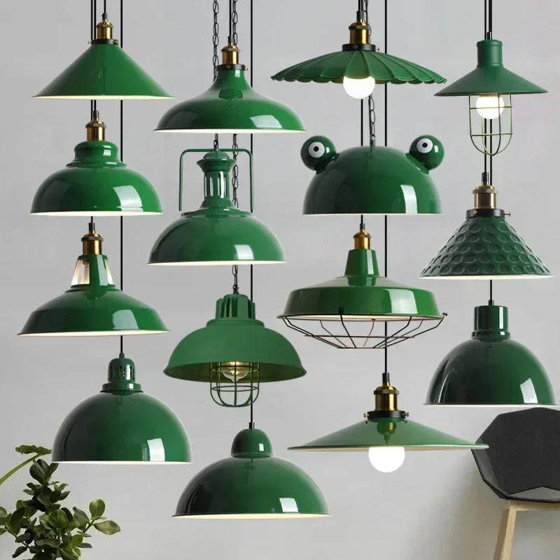 

Retro American Industrial Style Iron Art Green Pendant Light Led E27 Personality Restaurant Bedroom Study Living Room Chandelier