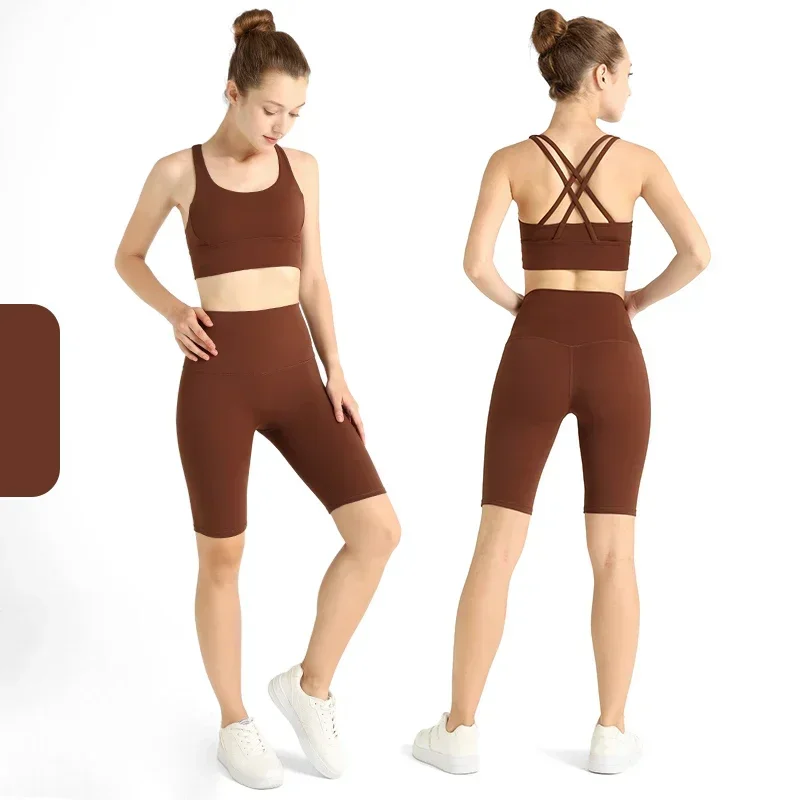 Solid Color Women Sports Suit High Intensity Shockproof Cross Back Sports Top High Waist Hip Lift Quick Dry Sports Shorts Suits
