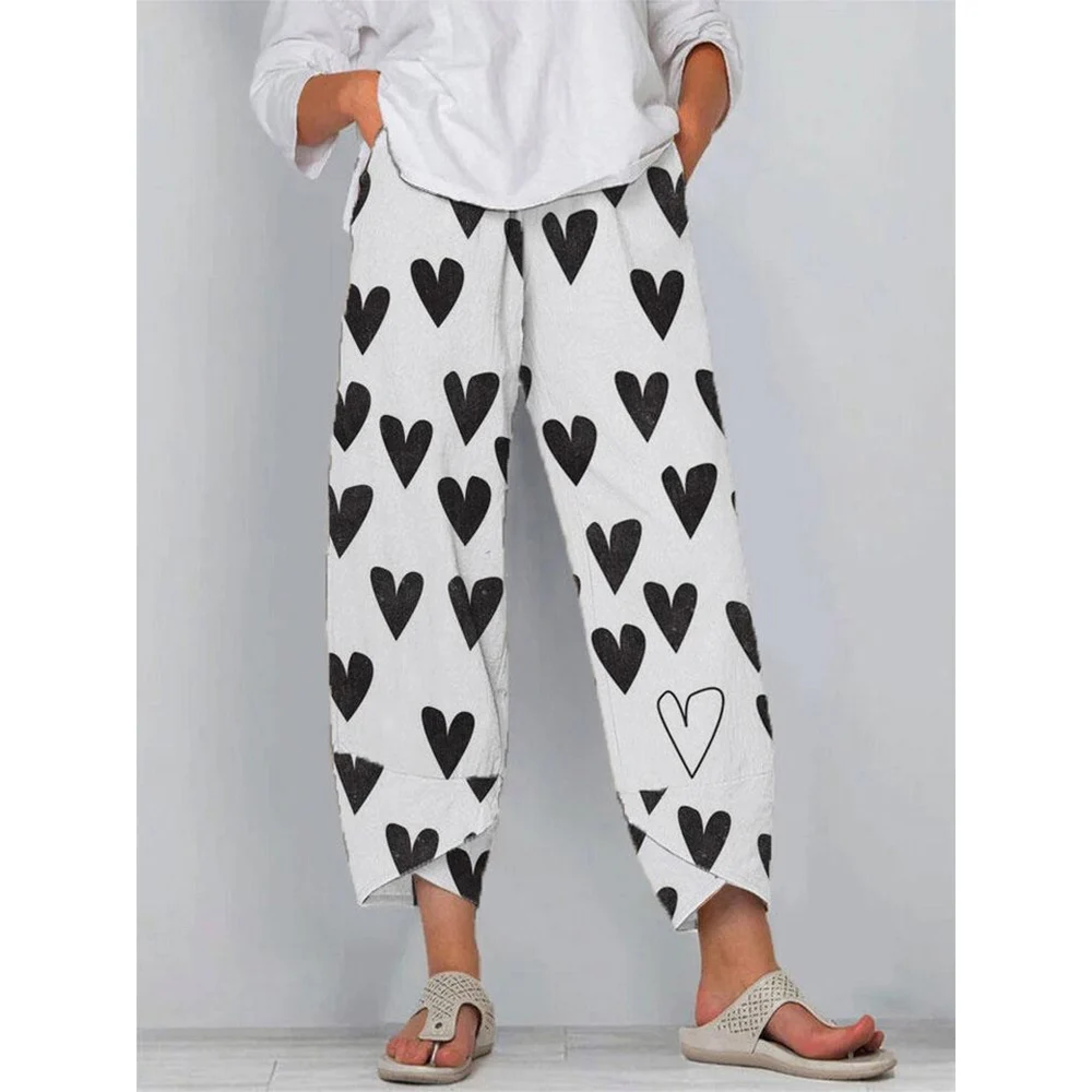 CLOOCL Trendy Women Pants Oversized Trousers with Double Pocket Black Heart Pattern Print Wide Leg Pants Minimalist Style