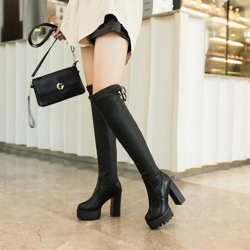 

Women's 2025 AW New Over The Knee High Boots Black Slimming Rear Lacing Elastic Material Thick Sole Thickened Platform Boots