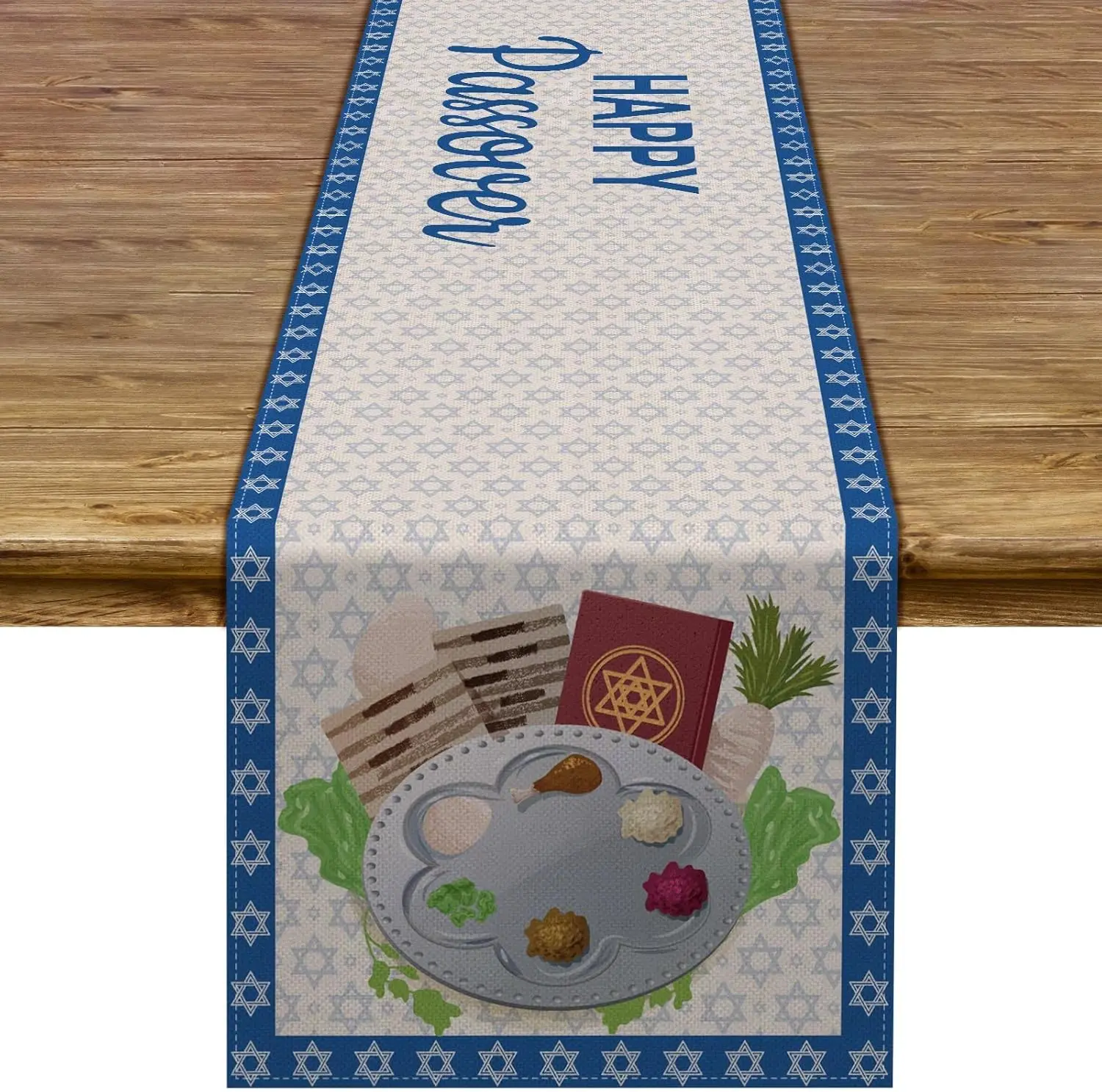 Happy Passover Linen Table Runner Jewish Holiday Party Decor Pesach Seder Plate Star of David Table Runners Dining Table Decor