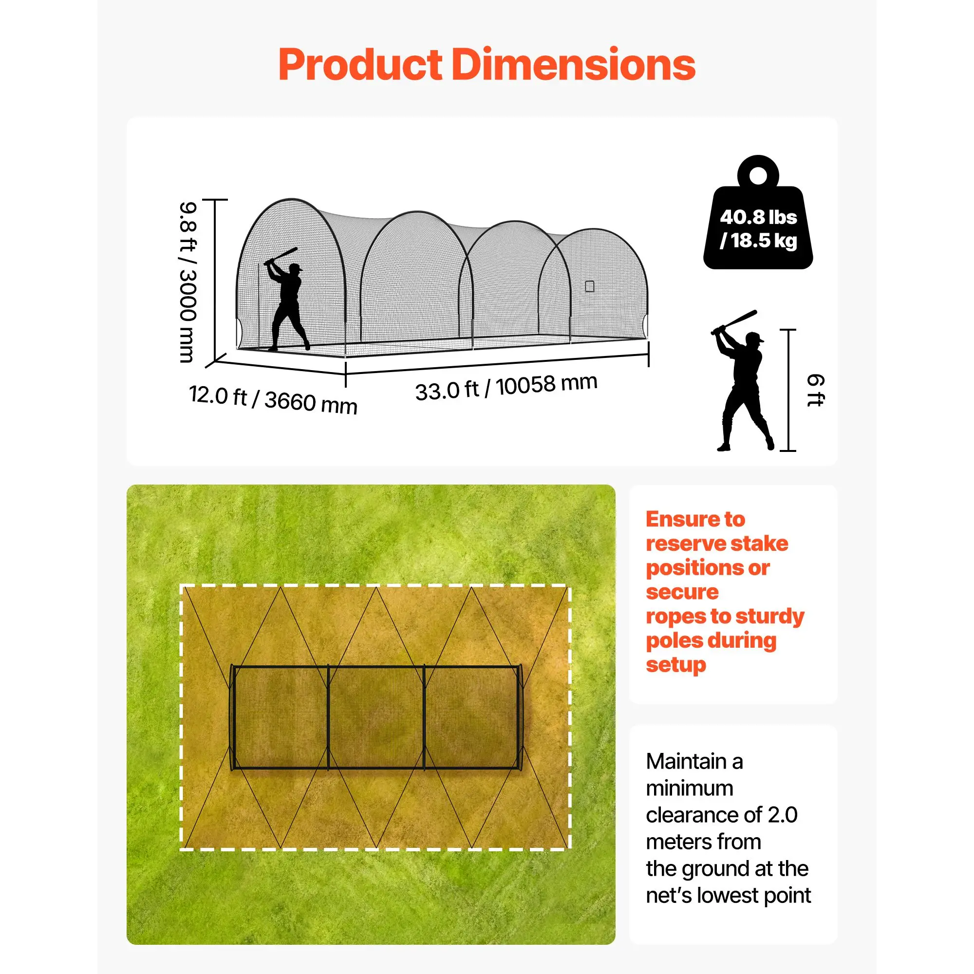 Baseball Batting Cage, 33.0 x 12.0 x 9.8 FT Freestanding Portable Batting Cage, Hitting Cages with 4-Ply Knotless Polyester & Pitching Machine Opening, Battings Cages Netting for Indoor Outdoor