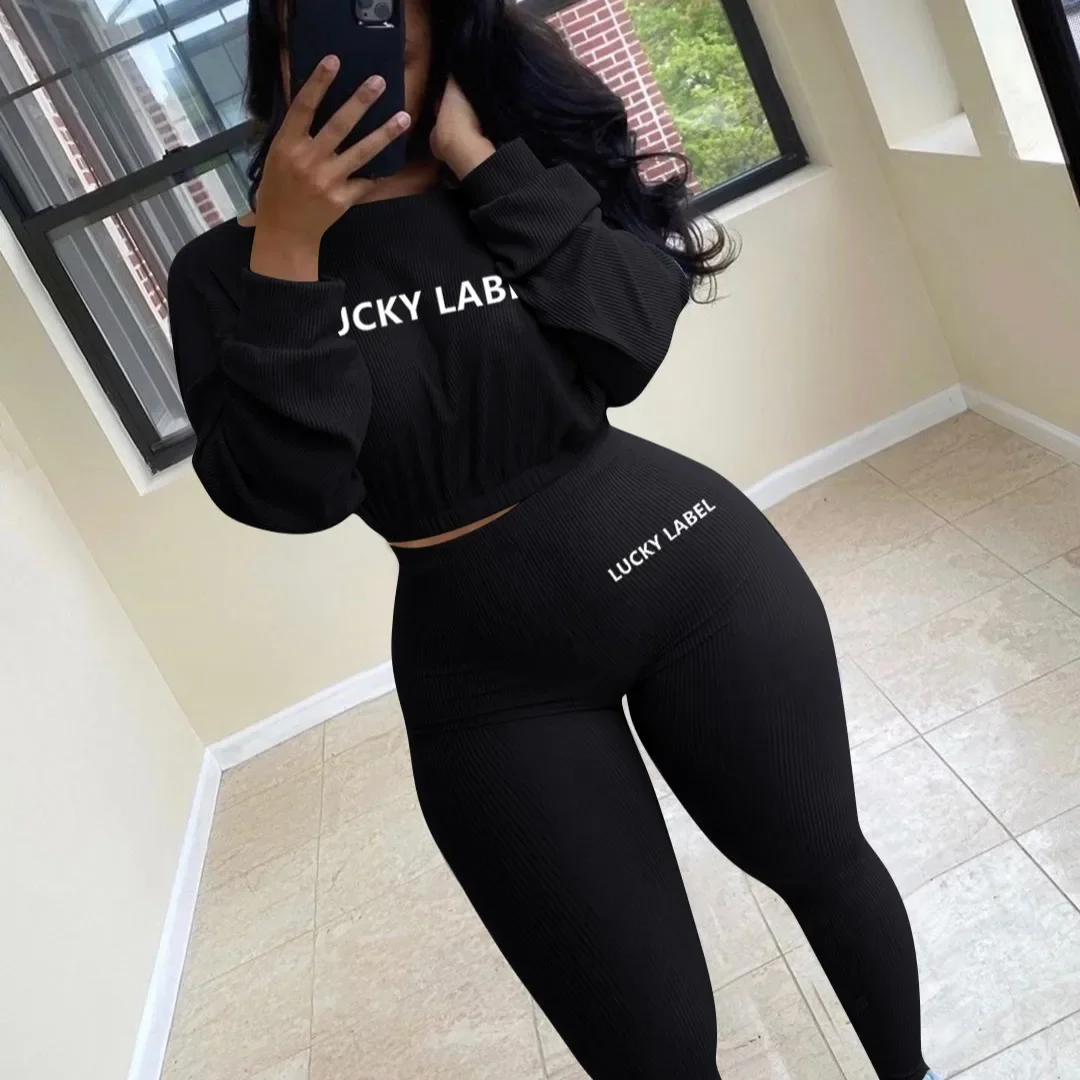 2 Pieces Set Women United States women's rib fall pit letters embroidery sports leisure suit Sports Set dropshipping ZXP9639