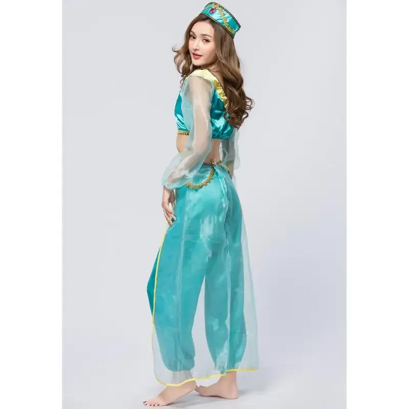 Volwassen Carnaval Kleding Meisjes Aladdin Jasmijn Prinses Kostuum Volwassen Buikdanseres Cosplay Top Broek Halloween Feest Pak Jurk