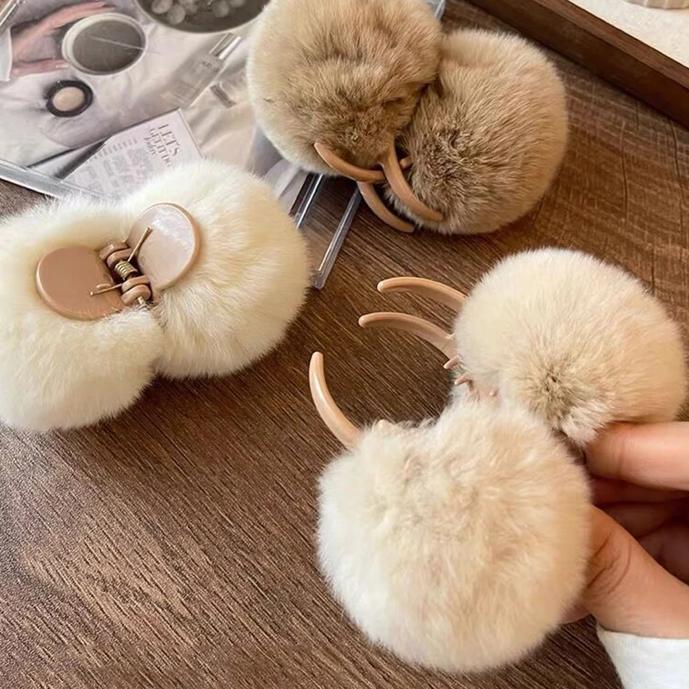 Double Sided Fur Ball Small Hair Clip Fluffy Grab Imitation Rabbit Fur Hair Claw Ponytail Clip Hair Accessories Крабик Для Волос