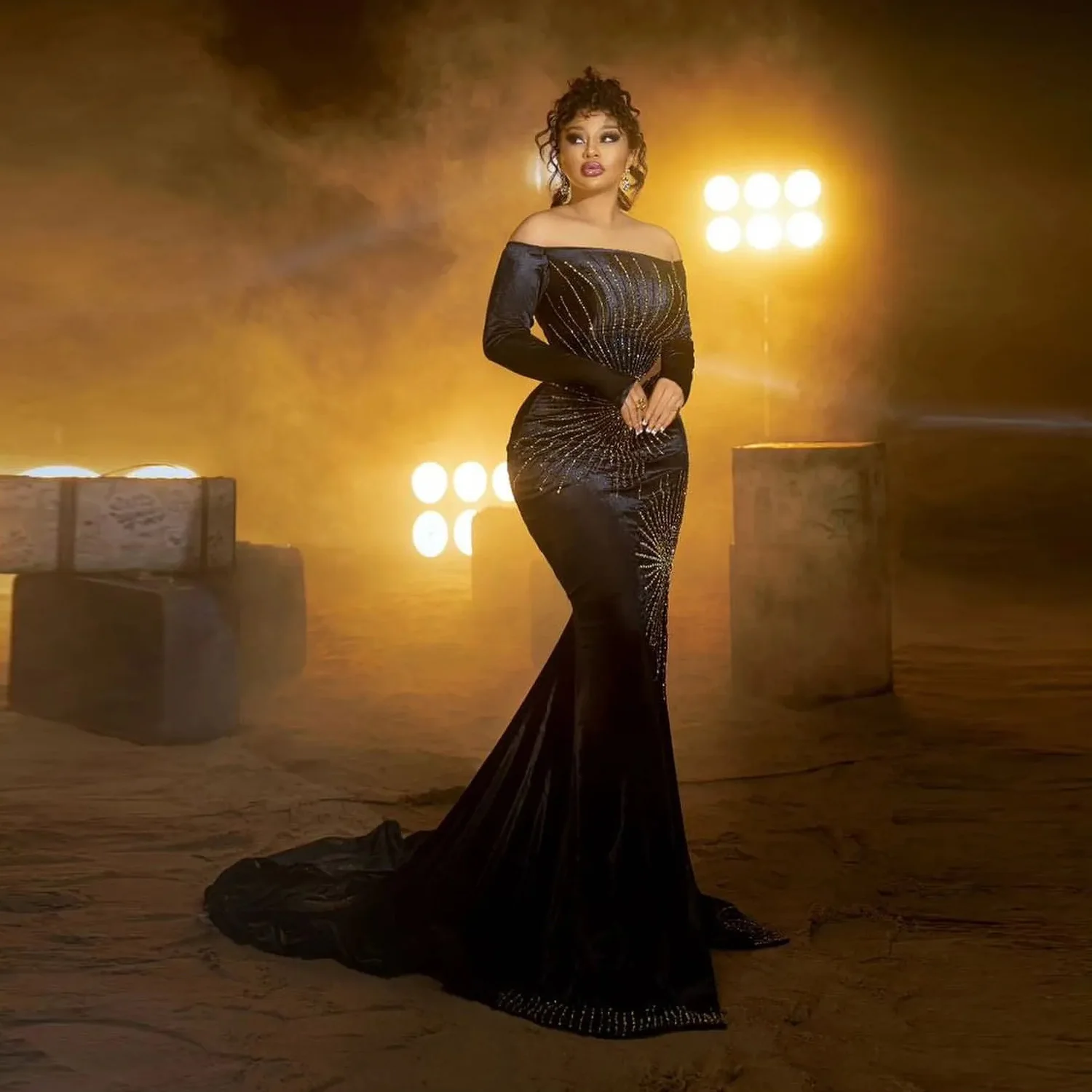 

Beaded Velvet Black Mermaid Elegant Dresses African Aso Ebi Prom Dress For Special Occasions Full Sleeves Off Shoulder ﻿