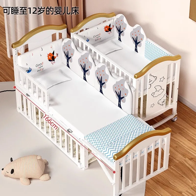 White Solid Wood Convertible Baby Crib, European Multi-Functional Cradle Bed for Newborn Infant with Wheels