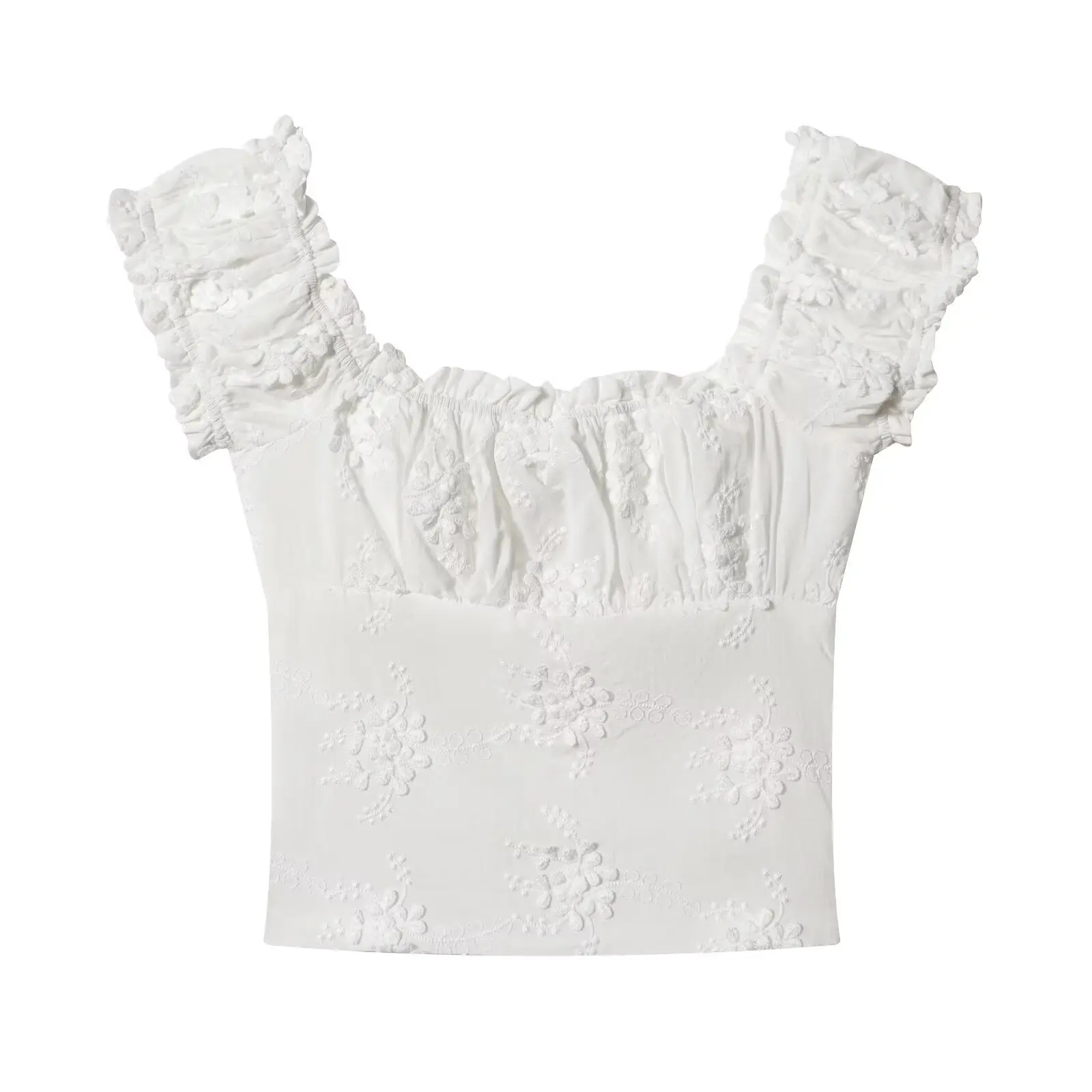 CHIC White Embroidery 3D Flower Ruched Chest Wood ears Short Sleeve Shirt Women Center Open Button Elastic Back Slim Crop Tops