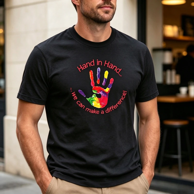 Inspirational Hand in Hand Rainbow Handprint Unisex T Shirt We Can Make A Difference Casual Graphic Tee Harajuku Cotton Y2k Top