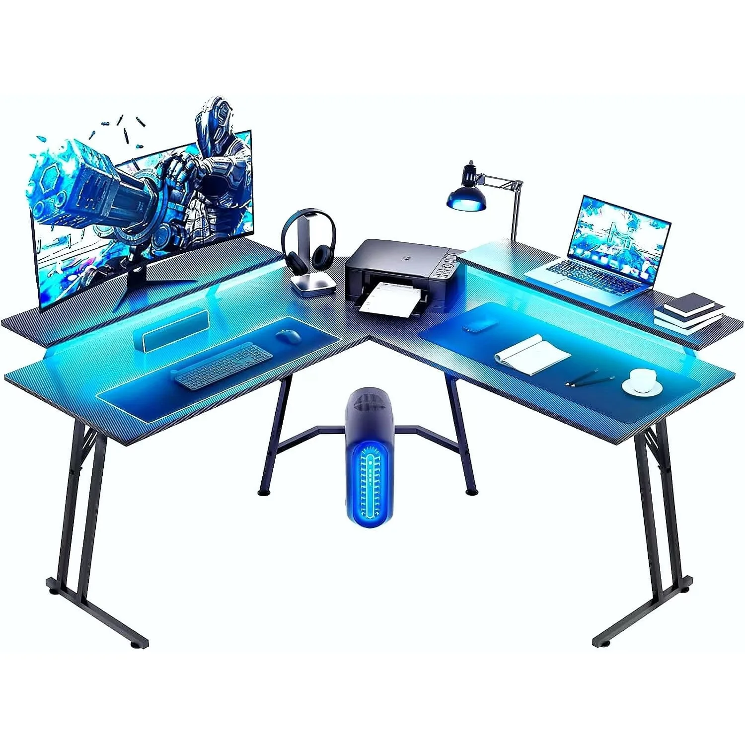 

HLDIRECT 51 Inch L Shaped Gaming Desk with Monitor Stand and LED Lights, Corner Computer Desk with Carbon Fiber Surface, PC