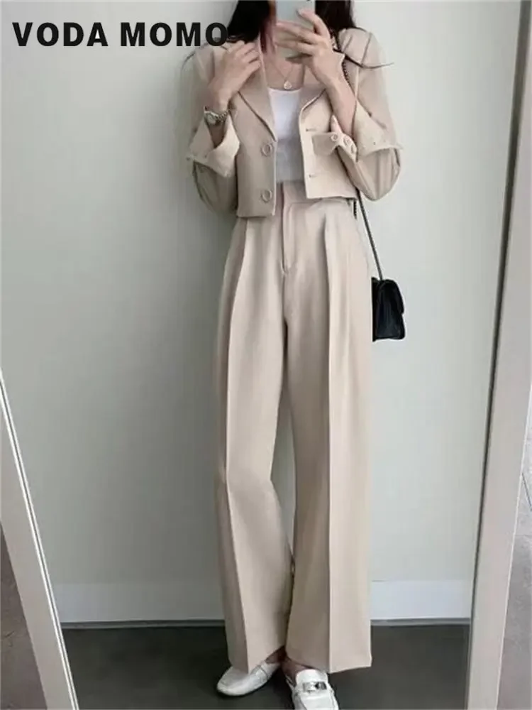 Spring Korean Casual Elegant Suits Blazer Jacket Wide Leg Trousers High Waist Pants Suits Female 2 Piece Sets Crop Top Coats