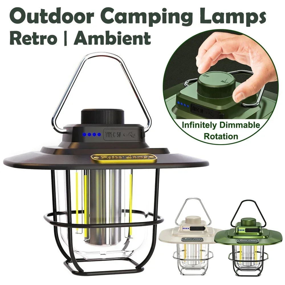 Retro Portable Camping Lantern Rotating Infinitely Dimmable Tent Ambient Light Rechargeable Outdoor Waterproof Emergency Lamp