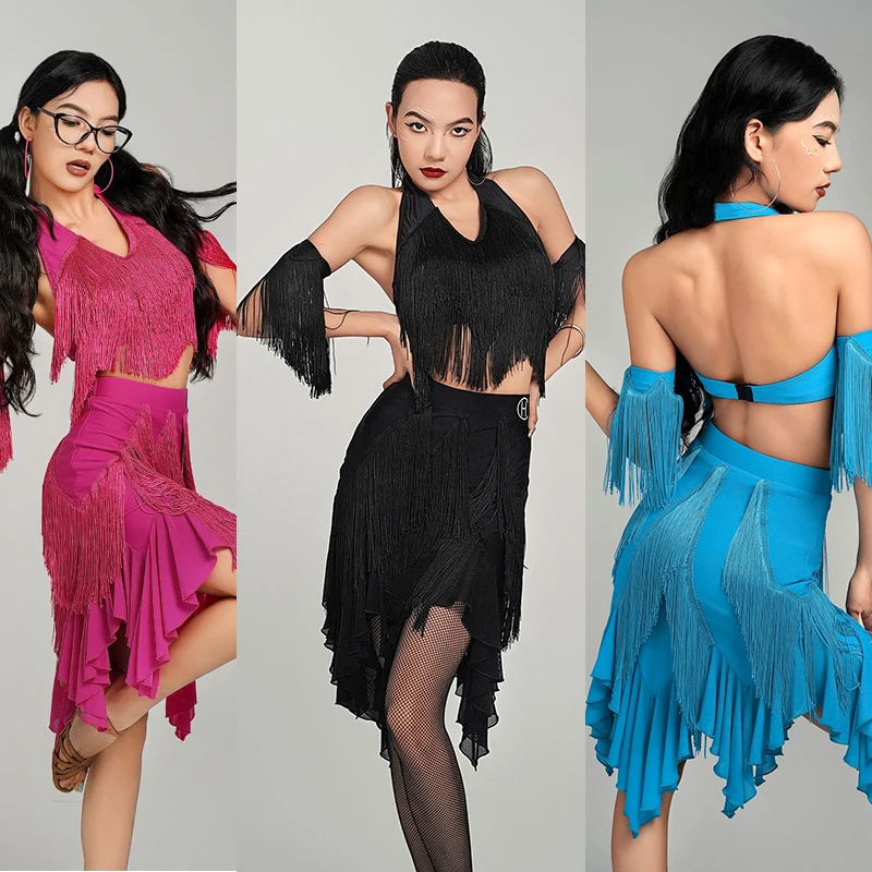 2024 High End Halter Tassel Tops Split Skirts Latin Practice Suit Chacha Rumba Tango Dress Adult Latin Performance Wear DQS17073