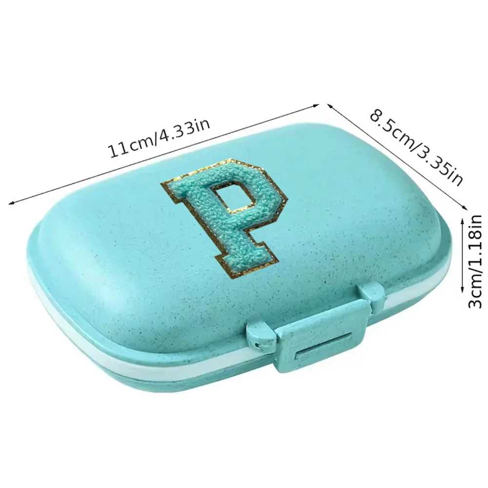 Portable Daily Medicine Storage Pill Box with Green Letter Embroidered Logo Pattern 8 Grid Horizontal Medicine Storage Box