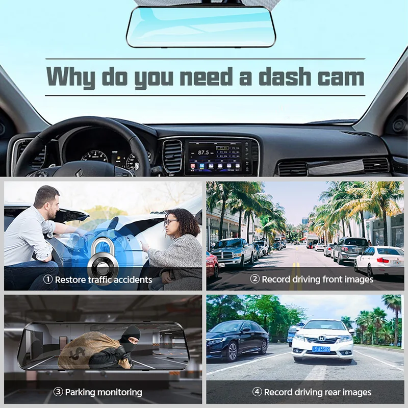 10 Inch Mirror Camera for Car Touch Screen Video Recorder Rearview Mirror Dash Cam Front and Rear Camera Mirror DVR Black Box