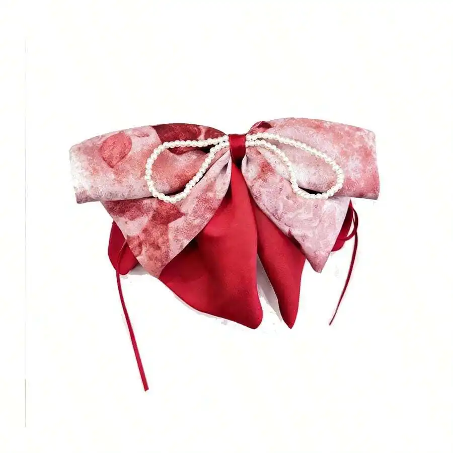 

Chinese Style Red Floral Bow Hair Clip For Women Ponytail Streamer Back Of Head New Year Accessory