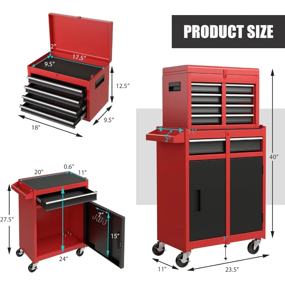 خزانة أدوات، خزانة تخزين أدوات دوارة ذات 5 أدراج مع صندوق أدوات علوي قابل للفصل، بطانة، عجلات عالمية قابلة للقفل، قابلة للتعديل