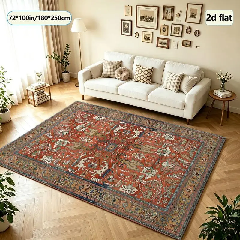 Rust Red Oriental Tribal Carpet Floor Decorations Vintage Square Carpet Suitable for Living Room Vintage Home Floor Decoration
