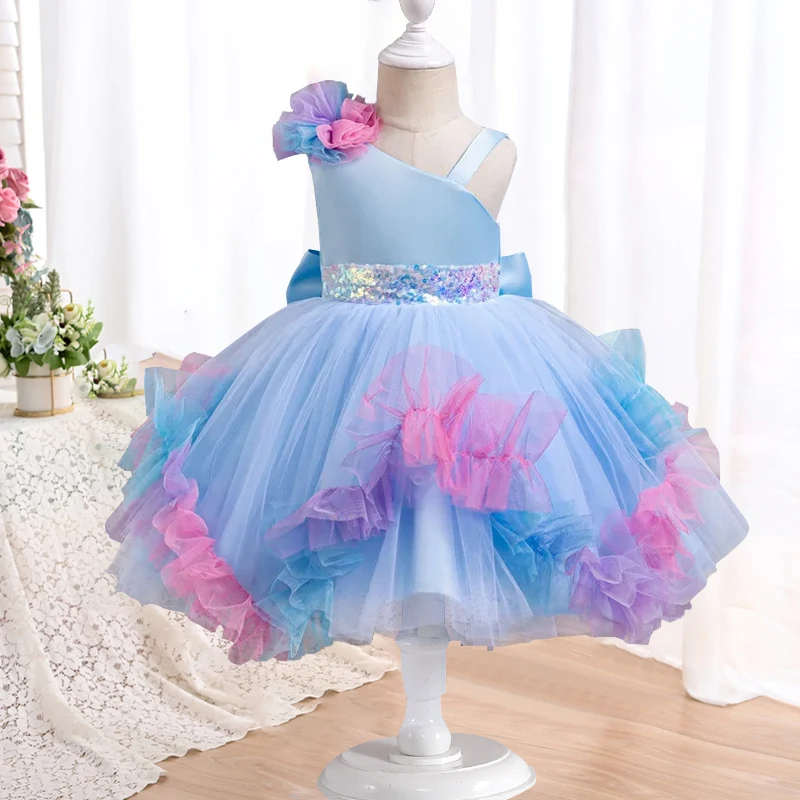 Girls\' Colorful Bubble Sleeve Princess Dress 2024 New Bow Blouse Dress Sweet Banquet Host Show Dress