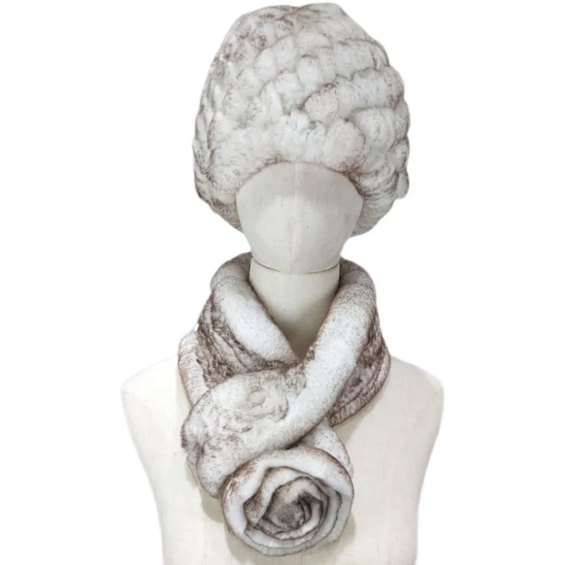 

2 Pieces Women Winter Warm Genuine Rex Rabbit Fur Hats Lady Knitted Fur Cap Scarf Muffler