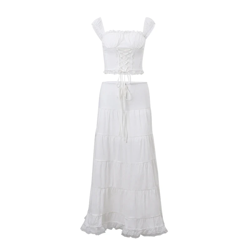 WhereMery Elegant Lace Patchwork Bandage Tank Top With Low-waist Draw-string Long Skirts Summer French Gentle Women 2 Piece Sets