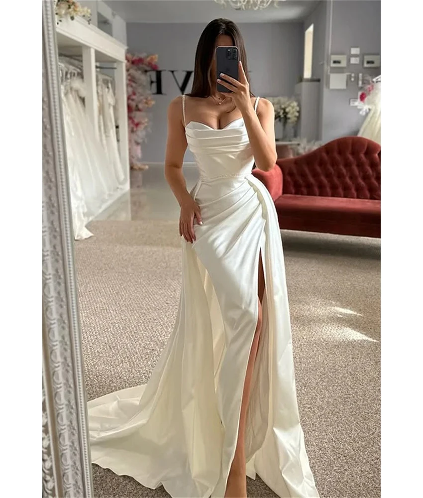 

Victoria Customized Sexy Satin Mermaid Spaghetti Straps Sequined Beading Evening Dress High Quality Women Wedding Gowns