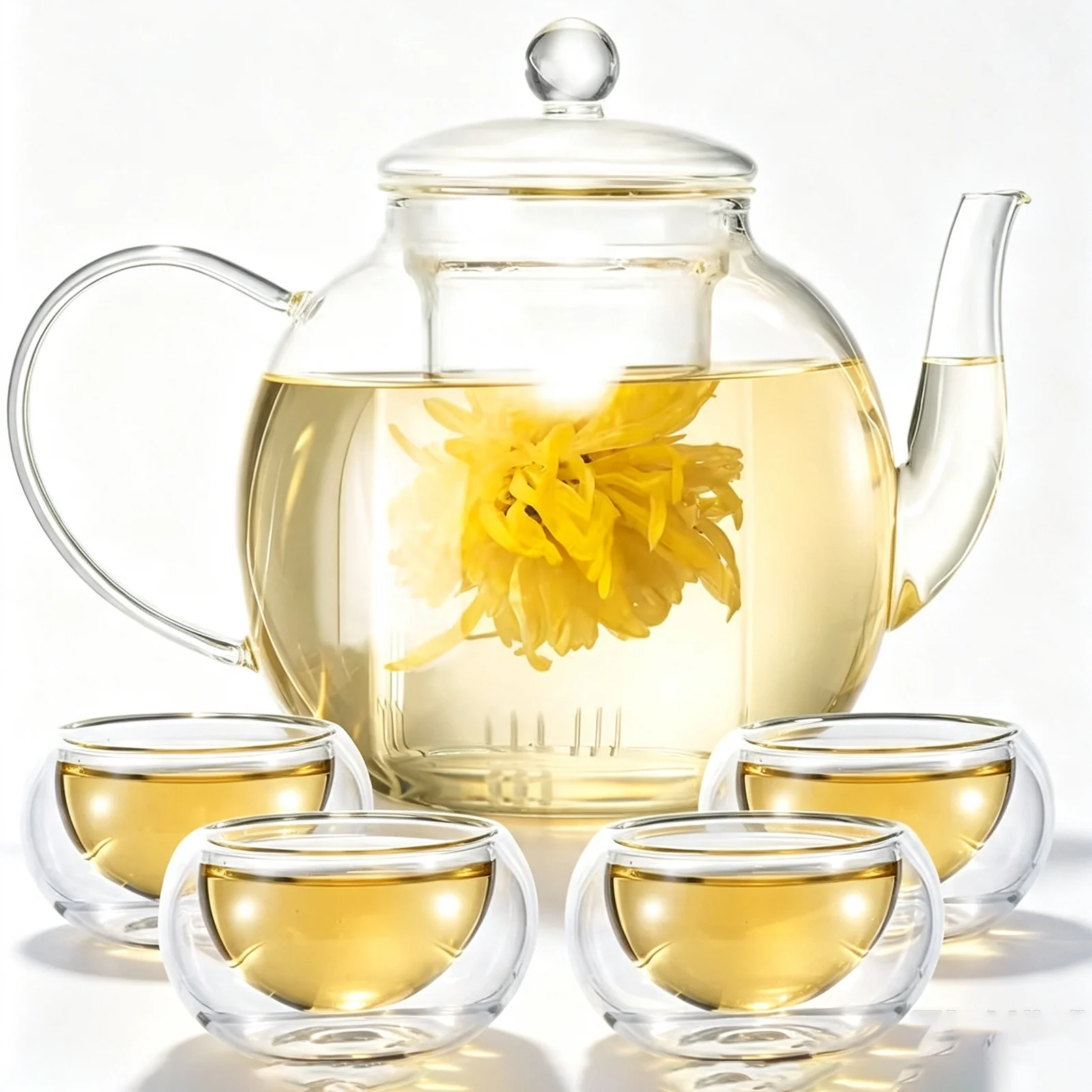Glass Teapot Set with 4 Teacups, 1500ml/50oz Tea Pot with Infusers for Loose Tea And Flower Tea, Stovetop And Microwave Safe Borosilicate Glass Tea Kettle, Tea Gift Sets for Christmas