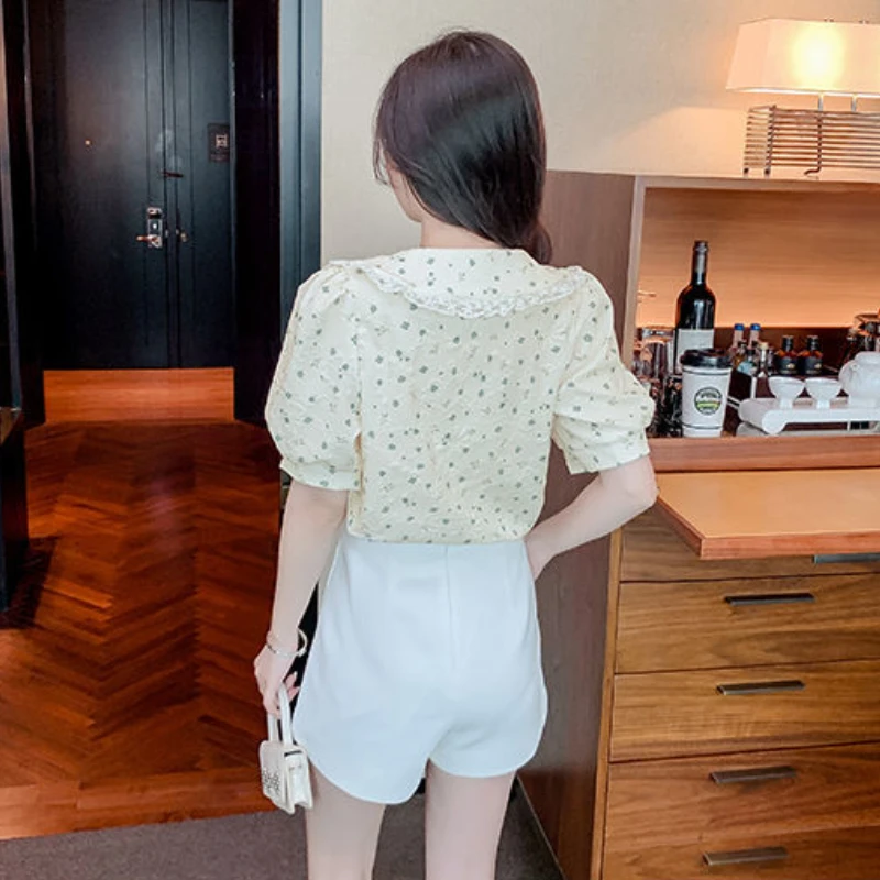 Shirts Women Floral Kawaii Summer Sweet Mujer Slim Elegant Simple Ins Lace French Style Students Stylish All-match Young Chic