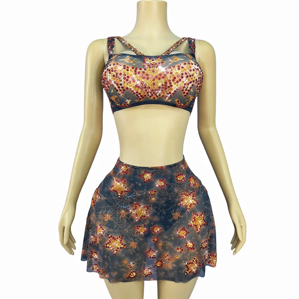 

Сексуальный принт на Хэллоуин, мерцающие стразы, верхняя юбка, платье с разрезом, комплект, наряд для дня рождения, шоу, сценический костюм