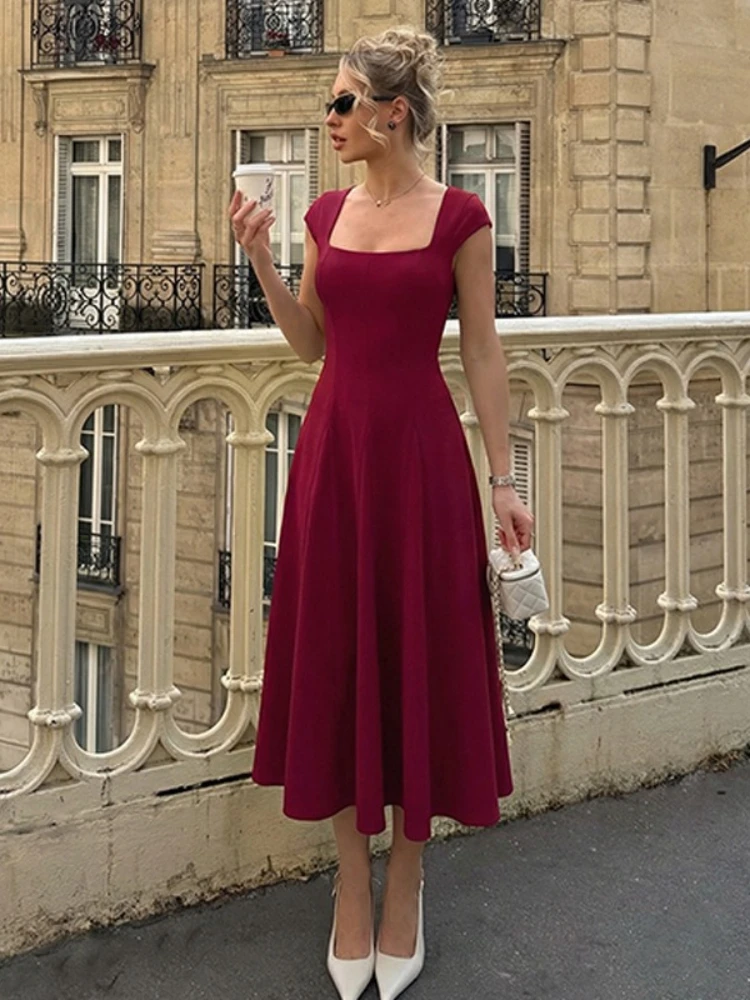 

Женские туники с квадратным воротником и высокой талией, платье до середины икры для отпуска, уличная одежда, женские плиссированные вечерние платья трапециевидной формы на шнуровке