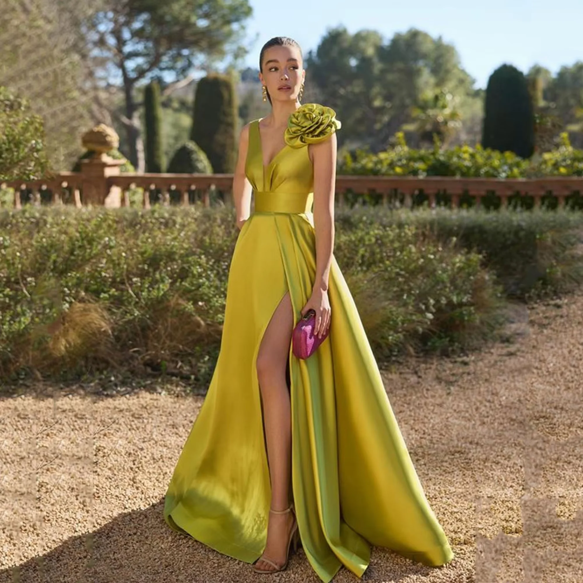 3D Floral Wedding Party Dress 2026 Classic V Neck Side Split Women Ceremony Dress Customized Formal Occasion Evening Prom Gown