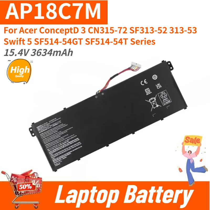 Laptop Battery 15.4V 3634mAh AP18C7M For Acer ConceptD 3 SF313-52 CN315-72 313-53 Swift 5 SF514-54T SF514-54GT New High Quality