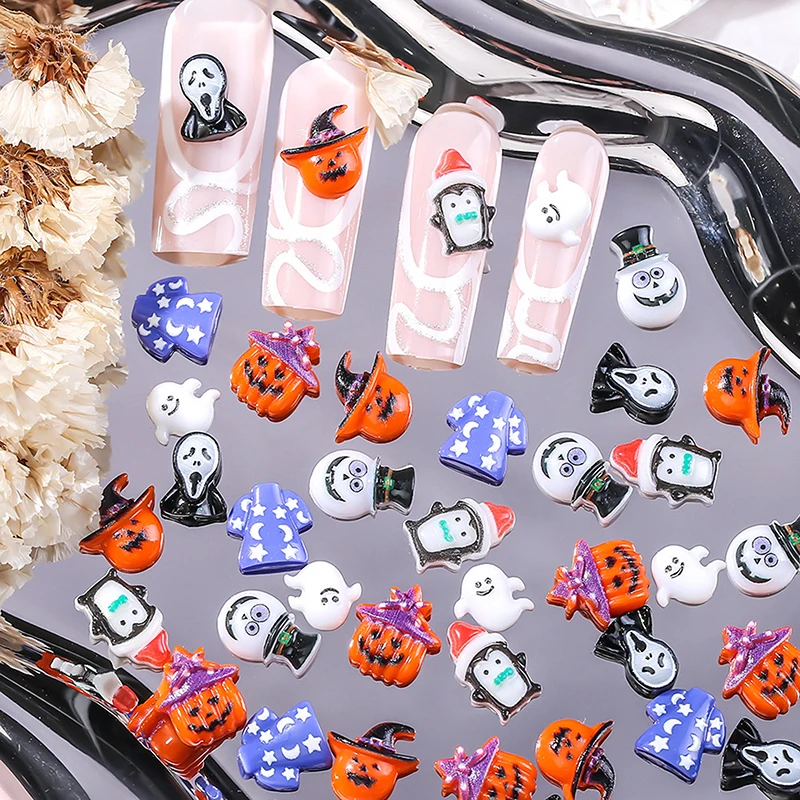 10PCS Halloween Cartoon Nail Accessories Cute Little Ghosts Ghostly Pumpkin DIY Resin Manicure Jewelry Decoration