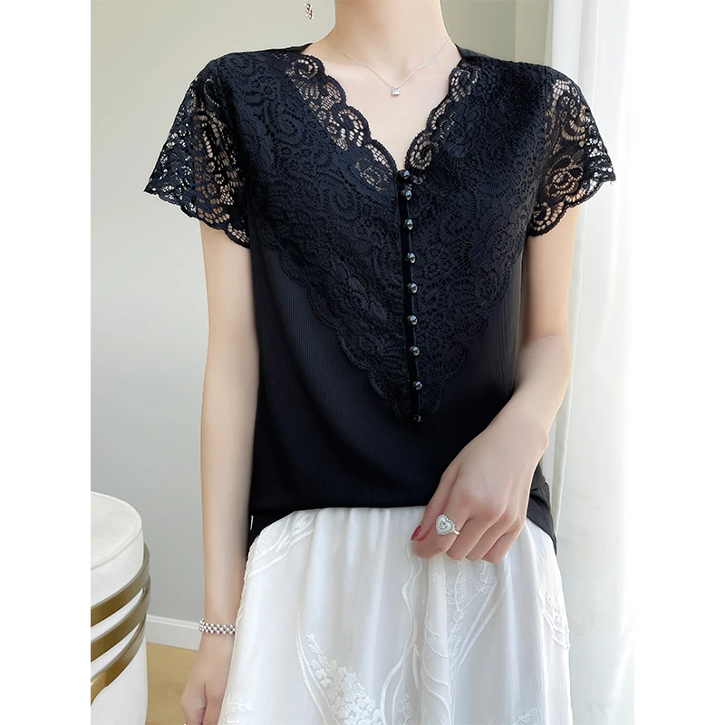 

Black And White Sexy Lace T-shirt, Women's Slim Fit, Hollowed Out Silk Patchwork Top, Summer Fashion, Versatile Short Sleeves