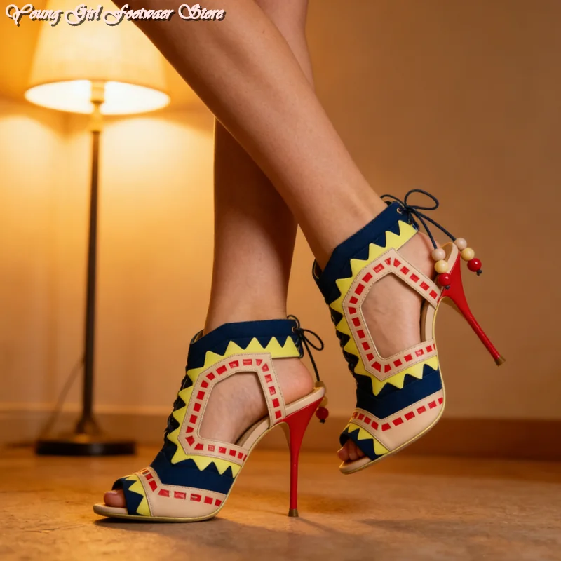 

Women's Fish Mouth With Exposed Toes Color-Blocked Blue Beads Stiletto Sandals A Refreshing Sight Women's Shoes For Banquets