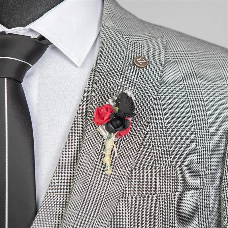 Formal Houndstooth Men Suits Blazer+Vest+Pants 3 Pcs Grey Jacket Wedding Groom Tuxedos Tailor-Made Prom Office Coat Outfit