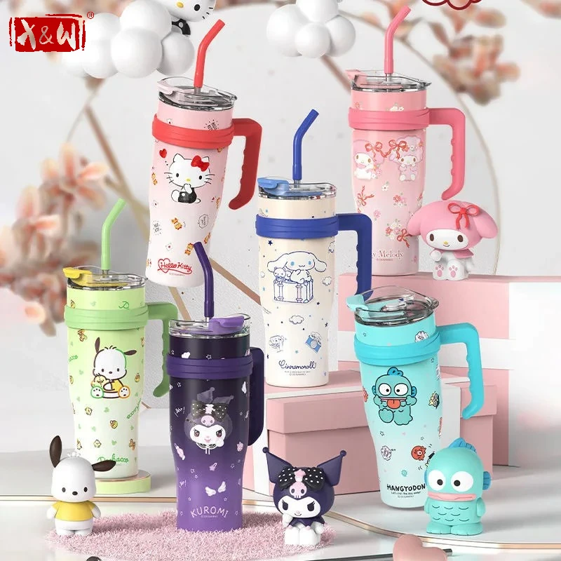 X&W Stainless Steel Tumbler With Handle Straw Lid Kawaii Vacuum Insulated Coffee Mug Leak Proof Car Travel Cup For OfficeOutdoor
