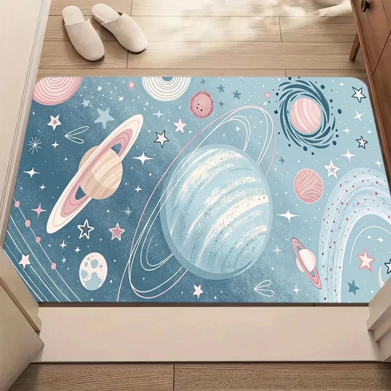 Light Blue Pink Planet Star Space Print Door Mat Anti Slip Entrance Doormat Galaxy Celestial Pattern Rug Entryway Home Decor
