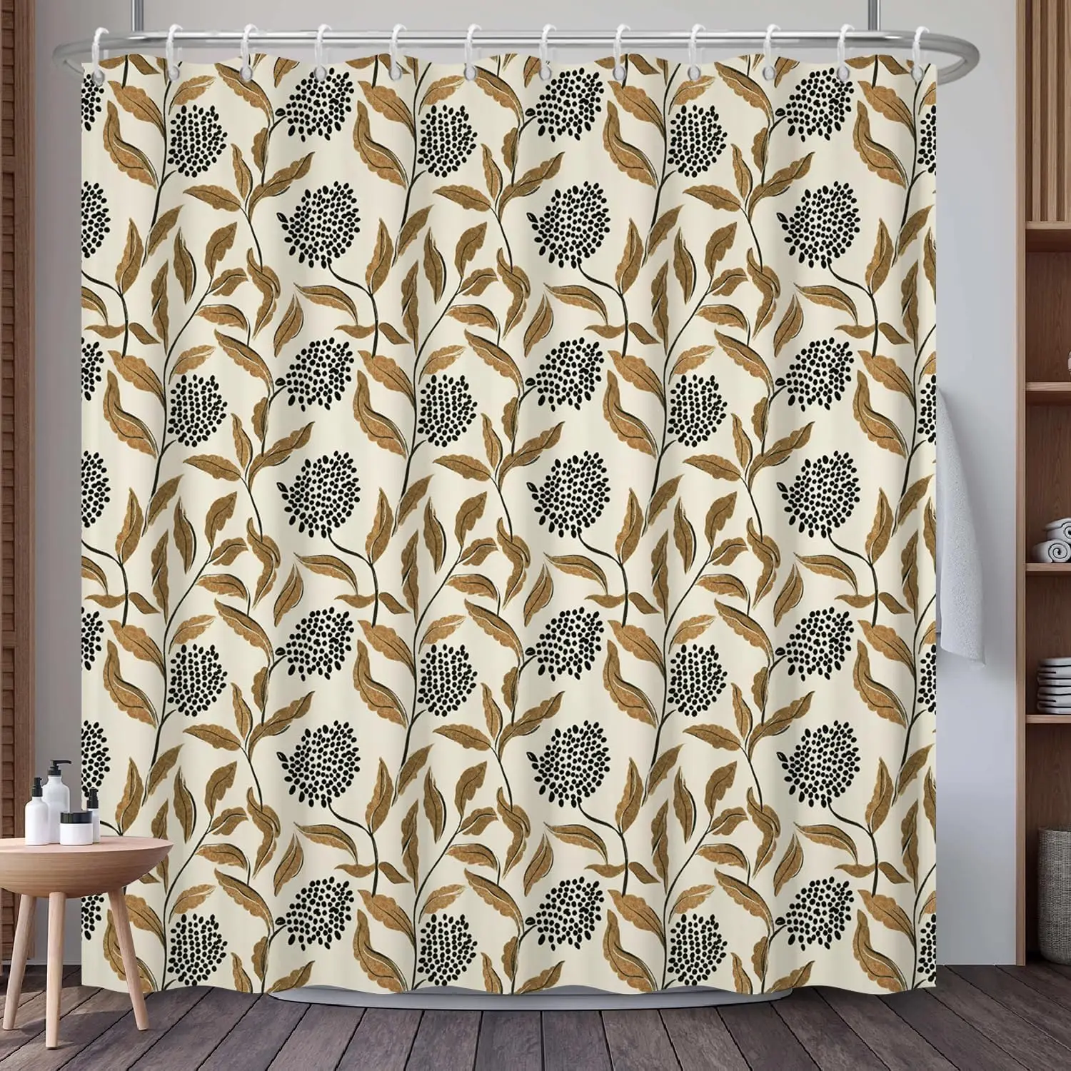 

Vintage Botanical Shower Curtain Botanical Floral Pattern Shower Curtain Brown Leaves Black Flowers Natural Design Bath Decor