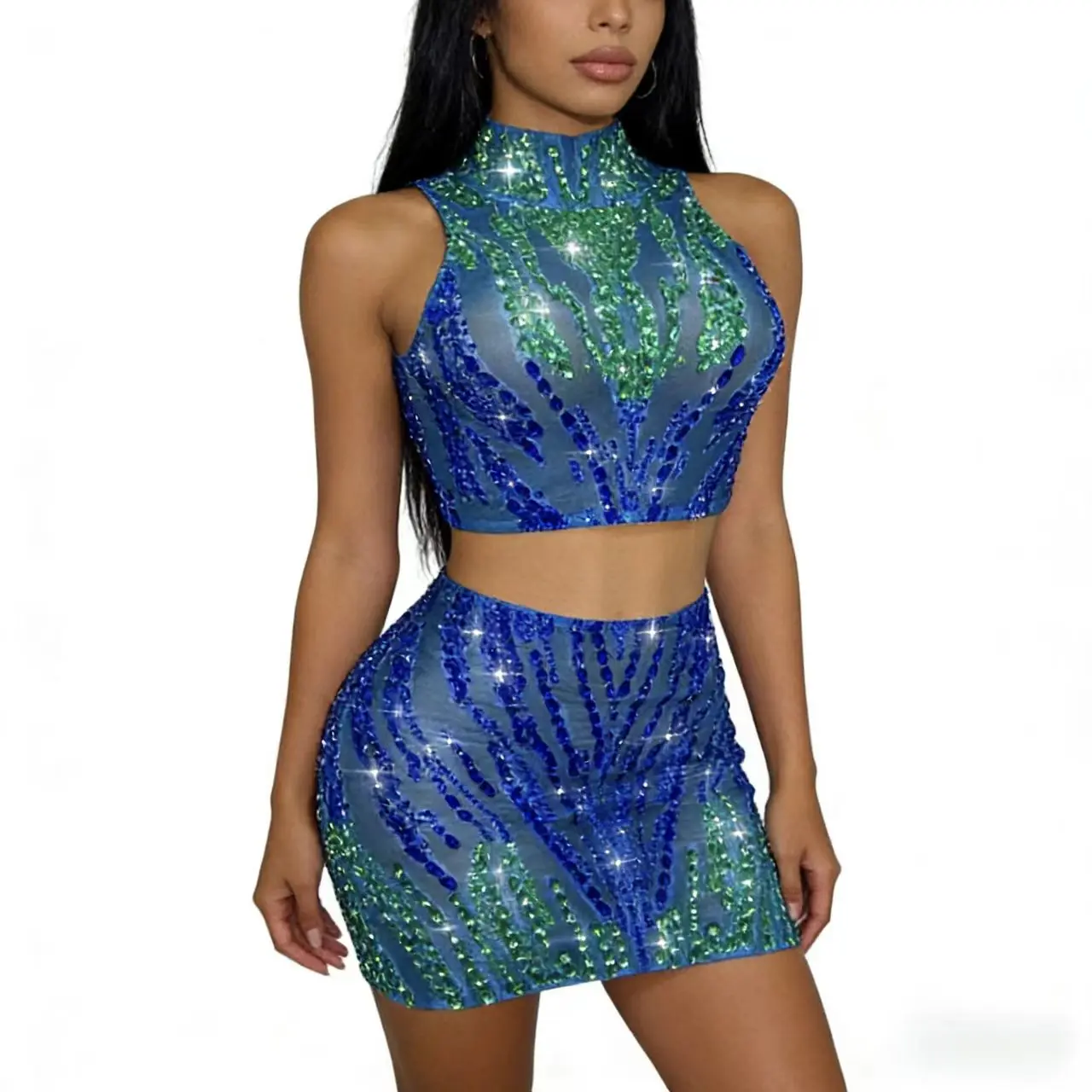 2026 Luxury Perform Outfit Shining Rhinestones Tank top Skirt Split set birthday Party Celebrate Singer Dancer prom dress