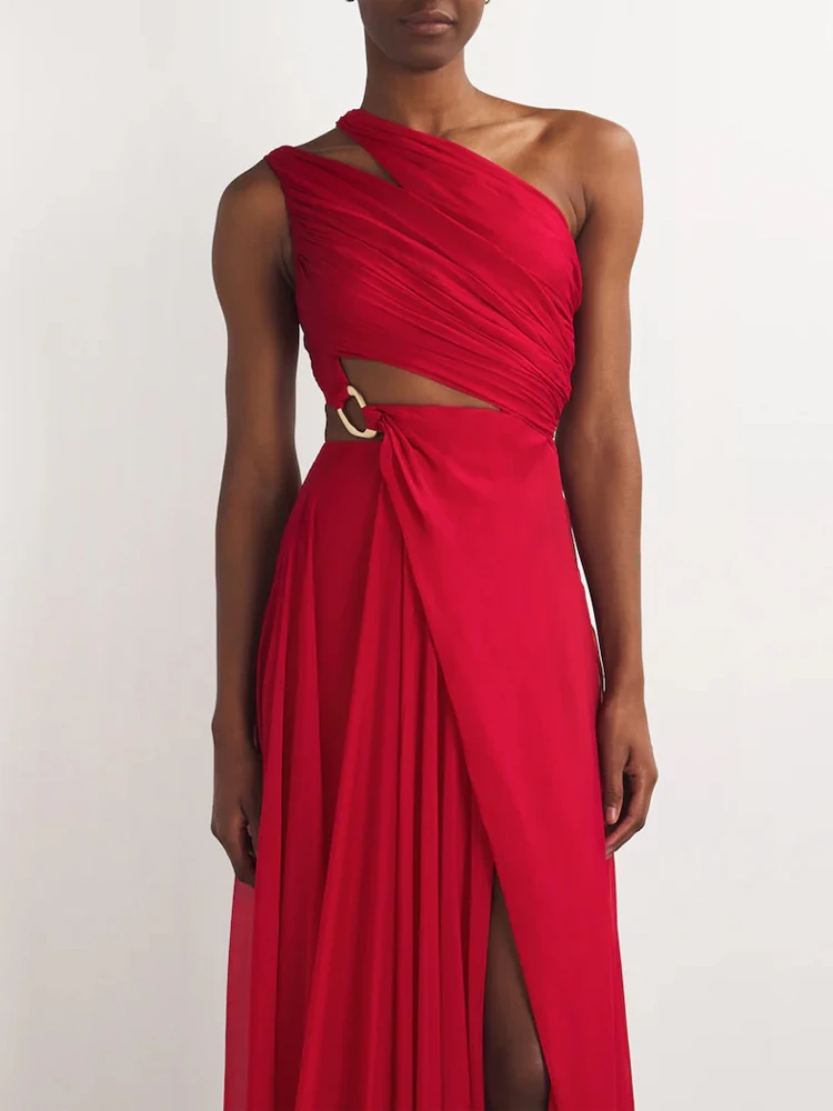 Abito lungo sexy con taglio monospalla da donna – Abito rosso diviso con dettaglio anello dorato – Elegante abito da sera