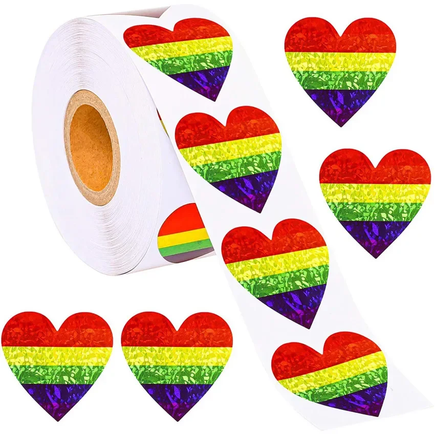 100-500pcs Rainbow Striped Love Heart Ribbon Valentine's Day Sticker Spreading Love Gift Packaging Sealing label Wedding Decor