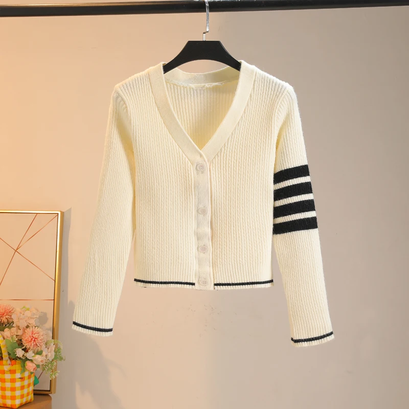 

Thiened ort Open Cardigan Four Stripe Color Blo Faionable College Sle Outerwear Sweater Trendy V Ne Long Sve