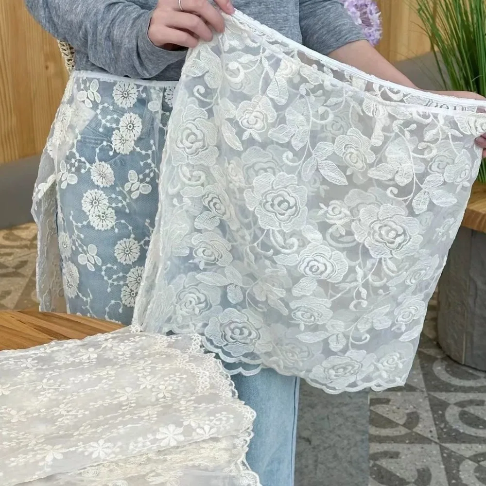 All-Match Sweet Lace Half Skirt Y2K Hight Waist Gauze Skirt Flower Embroidery Lace-up Outwear Mini Skirt Female